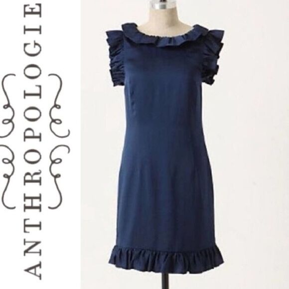 Anthropologie Mise en Scene by ruffian navy ruffle shift dress size 6 - Picture 1 of 11